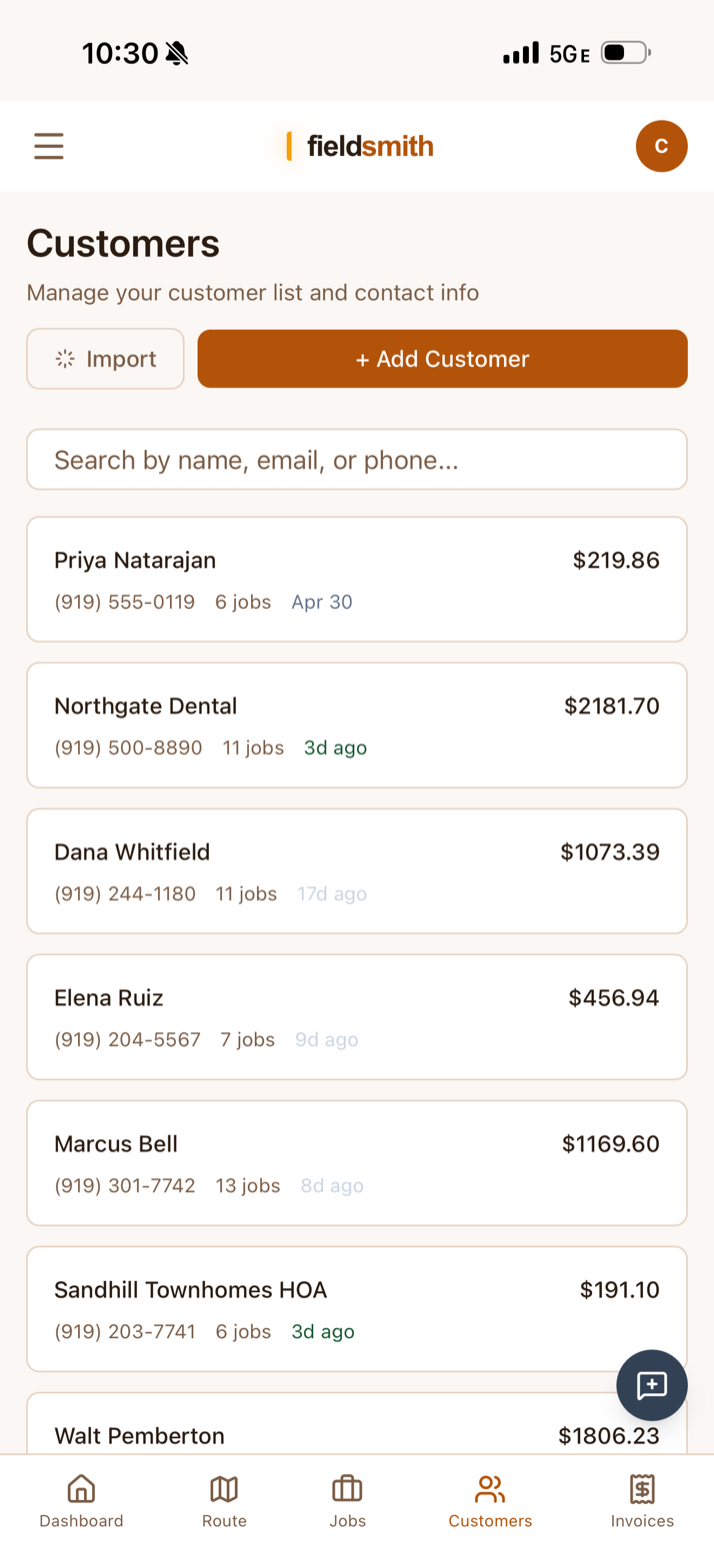 Customer list on mobile — search by name, phone numbers, job counts, and lifetime spend per customer