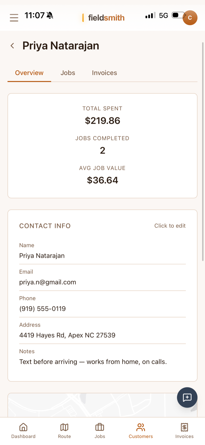 Customer profile on mobile — total spent, jobs completed, average job value, contact info, and notes