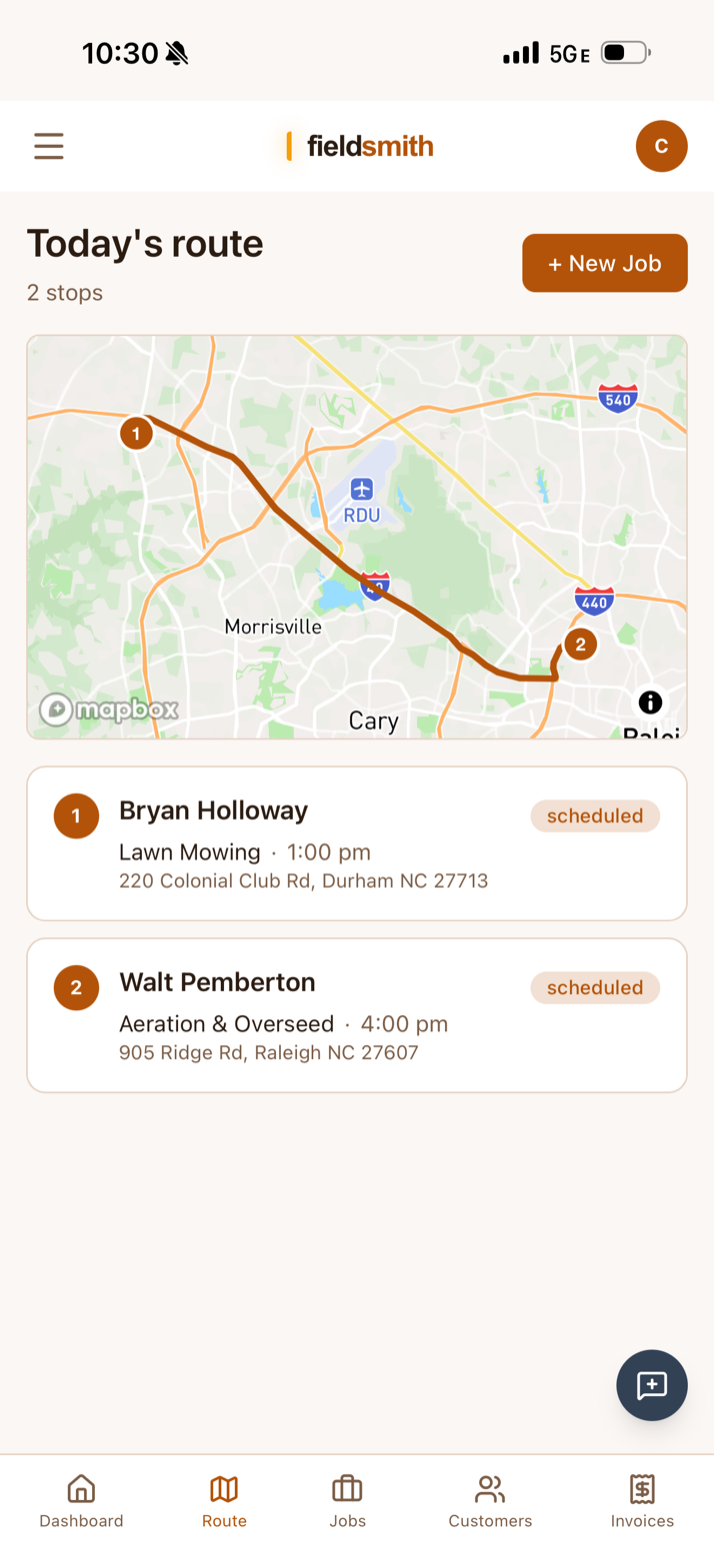 Today's route on mobile — map with ordered stops, customer names, services, and arrival times