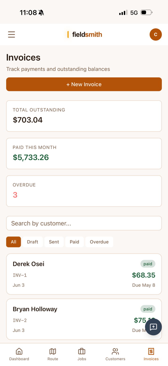 Invoices on mobile — total outstanding, paid this month, overdue count, and per-invoice status