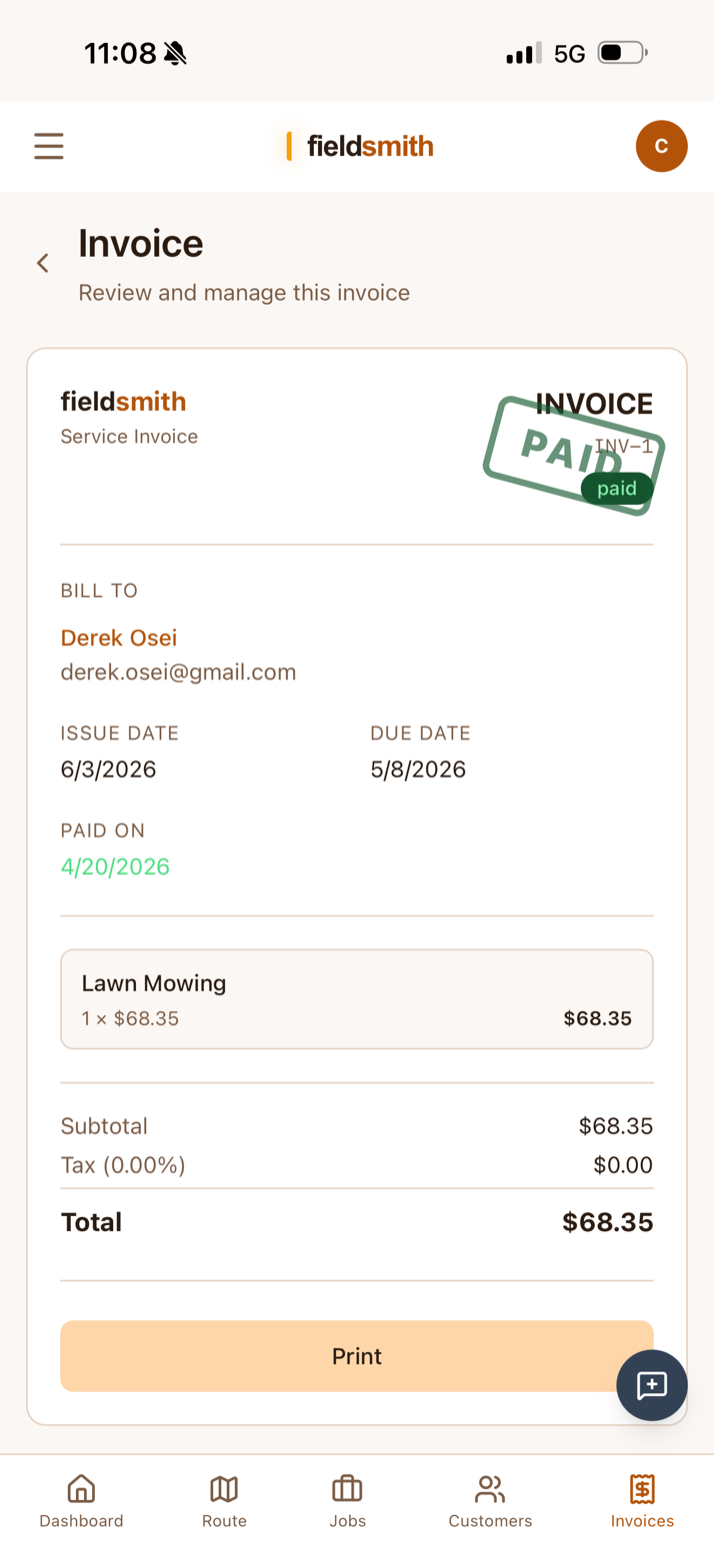 Paid invoice on mobile — itemized service, total, and a PAID stamp